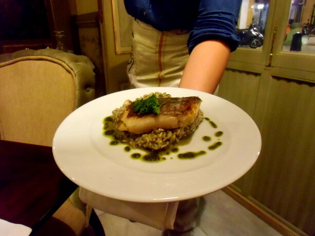 el pargo con arroz de puntillitas al pesto