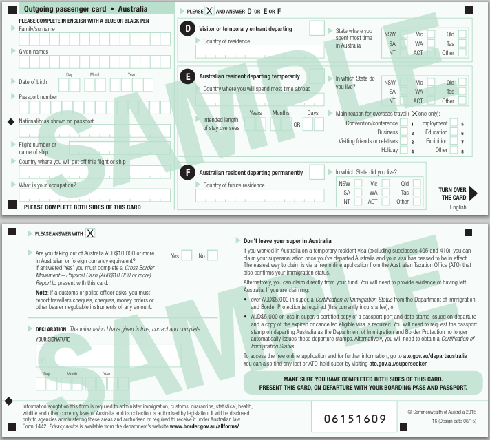 Outgoing Passenger Card Australia