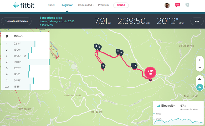 Ruta realizada con FitBit Surge en el Pla de Barrès