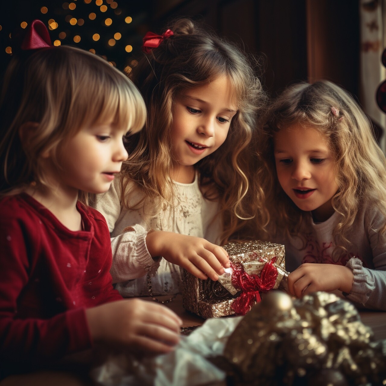 Niños abriendo regalos de Navidad